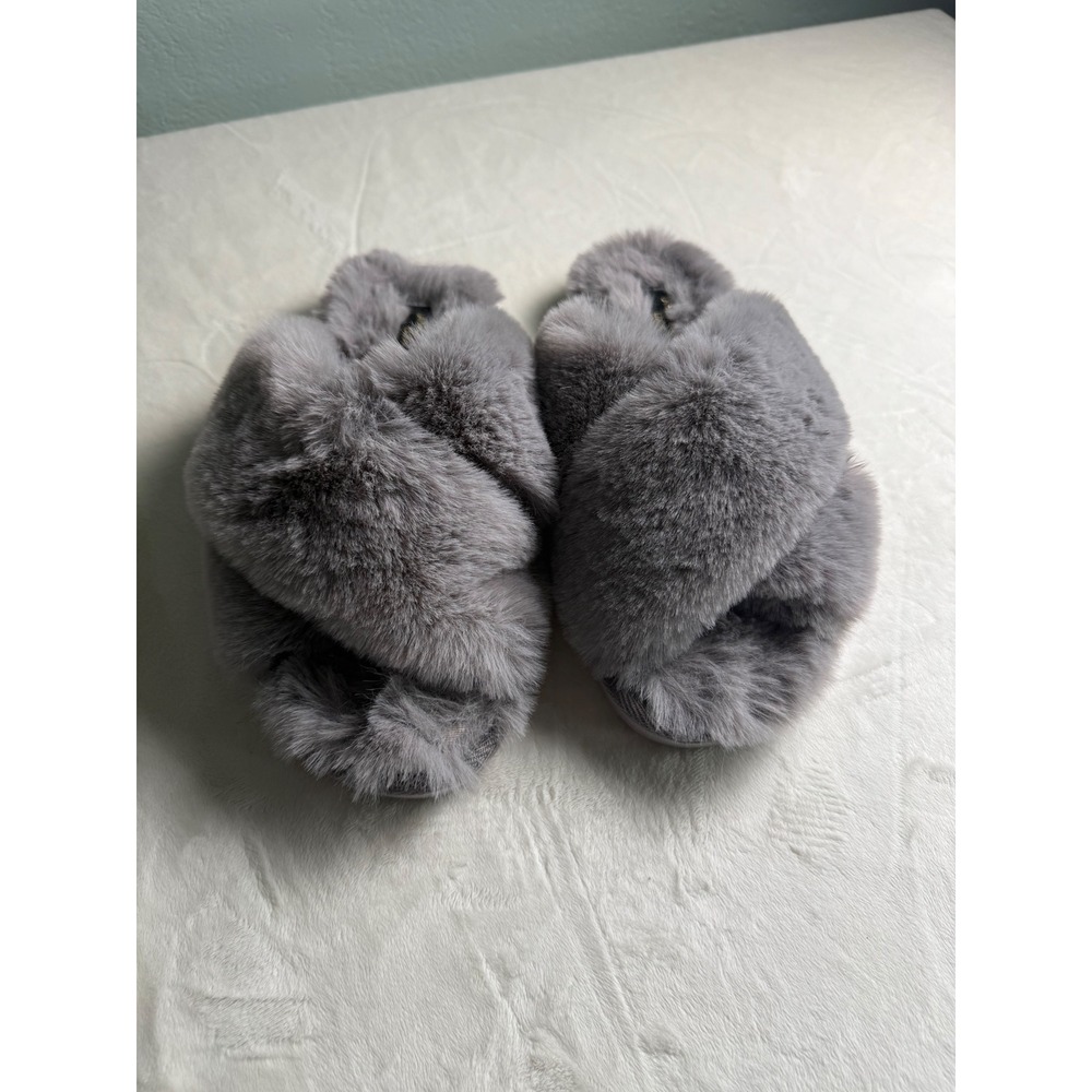 Laines London Luxe Grey Faux Fur Criss Cross Slippers Slides US 9-10 EU 40-51